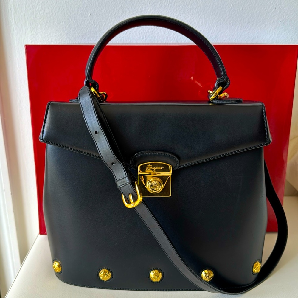 Salvatore Ferragamo Black Leather Handbag, Gold Hardware, free LV lock & key - Picture 1 of 16